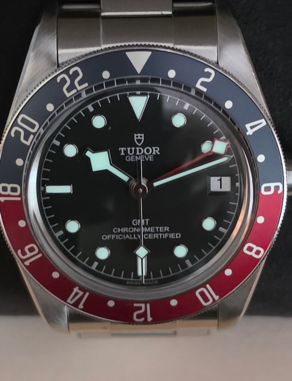 Tudor Black Bay GMT 79830RB black dial Pepsi bezel front view