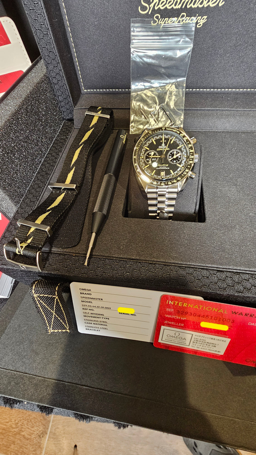 **SOLD**Omega Speedmaster Racing Reference #329.30.44.51.01.003 — Black Dial, Box, Papers & Extra Strap