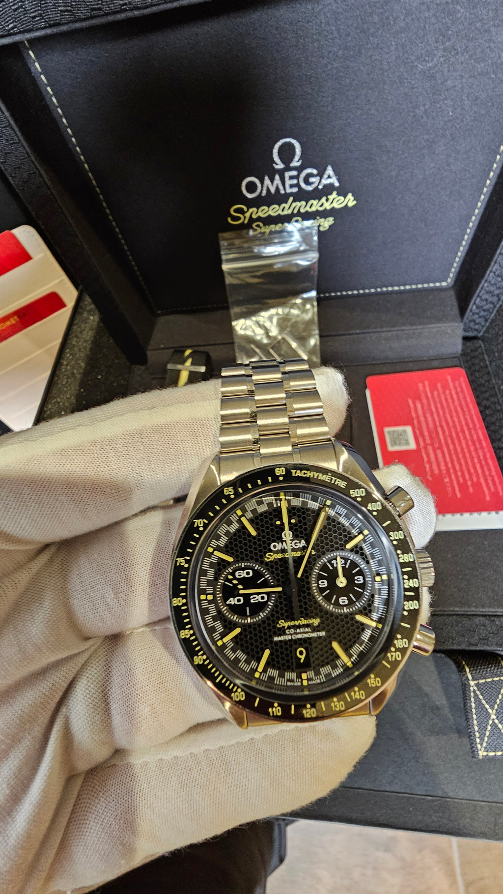 **SOLD**Omega Speedmaster Racing Reference #329.30.44.51.01.003 — Black Dial, Box, Papers & Extra Strap