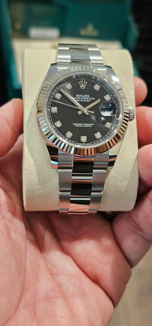 ***SOLD***Rolex Datejust 41 Reference #126334 — Factory Black Diamond Dial, 41mm, Box & Papers