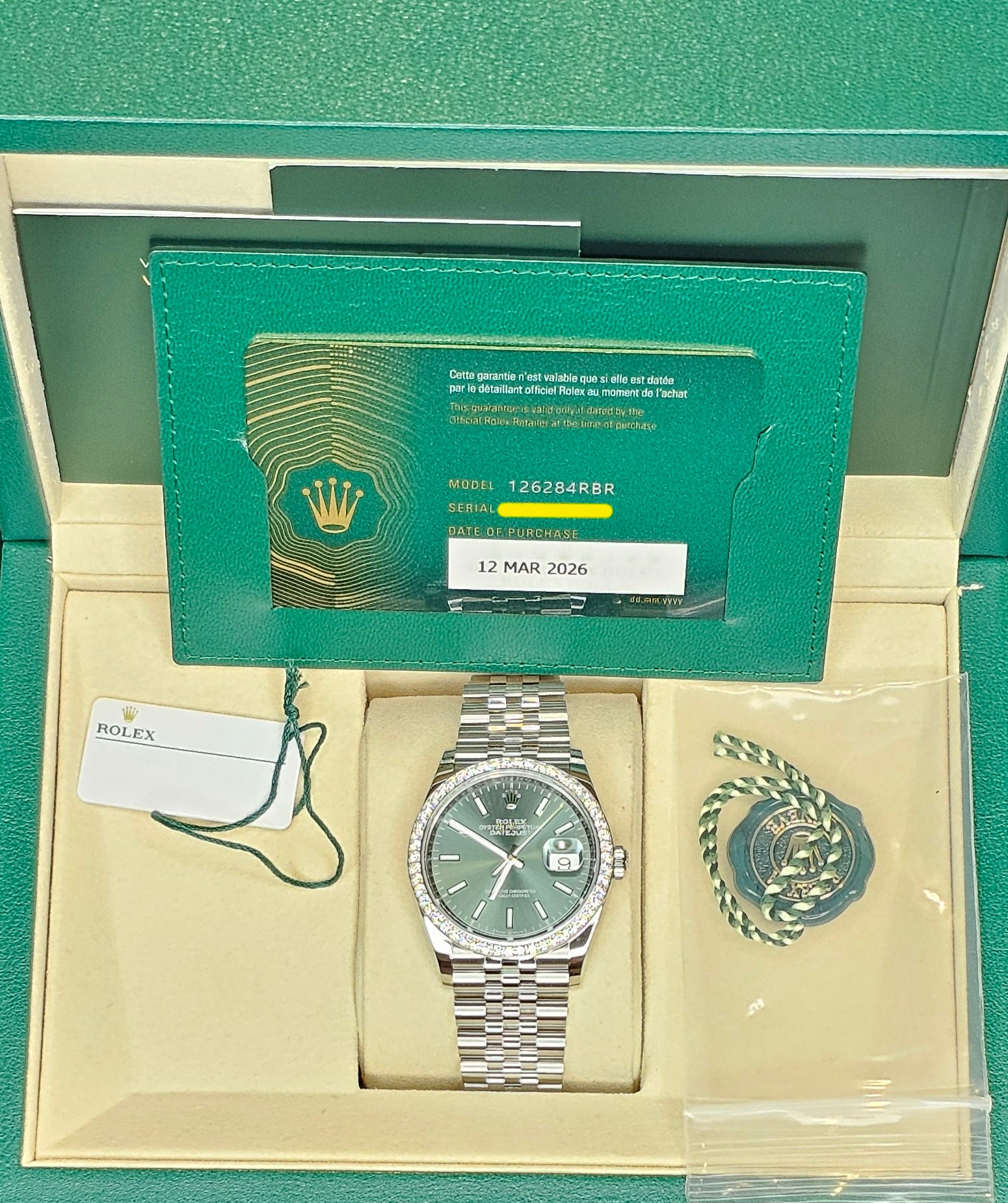 Rolex Datejust 36 Ref. 126282RBR — Mint Green Dial, Factory Diamond Bezel, Jubilee Bracelet