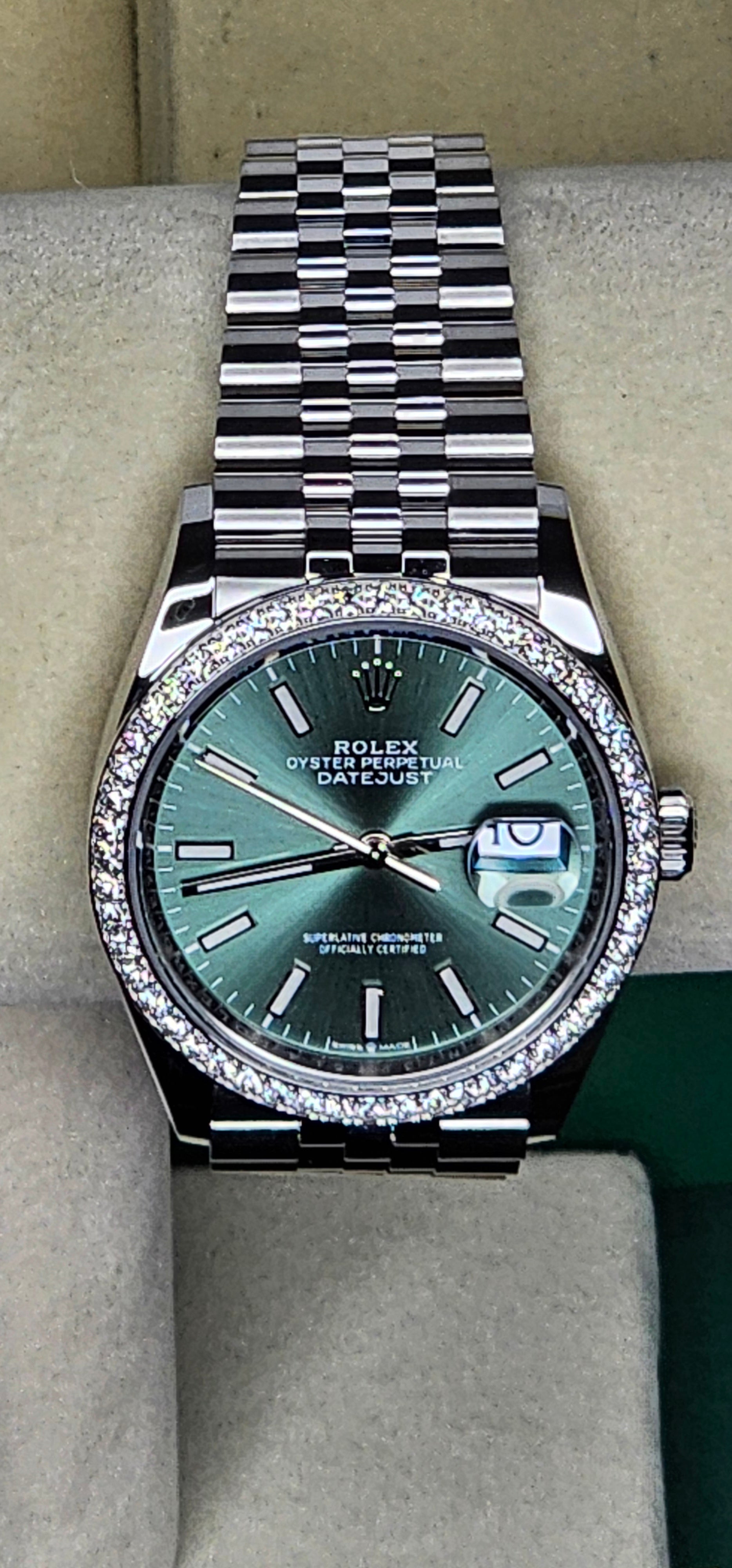 Rolex Datejust 36 Ref. 126282RBR — Mint Green Dial, Factory Diamond Bezel, Jubilee Bracelet