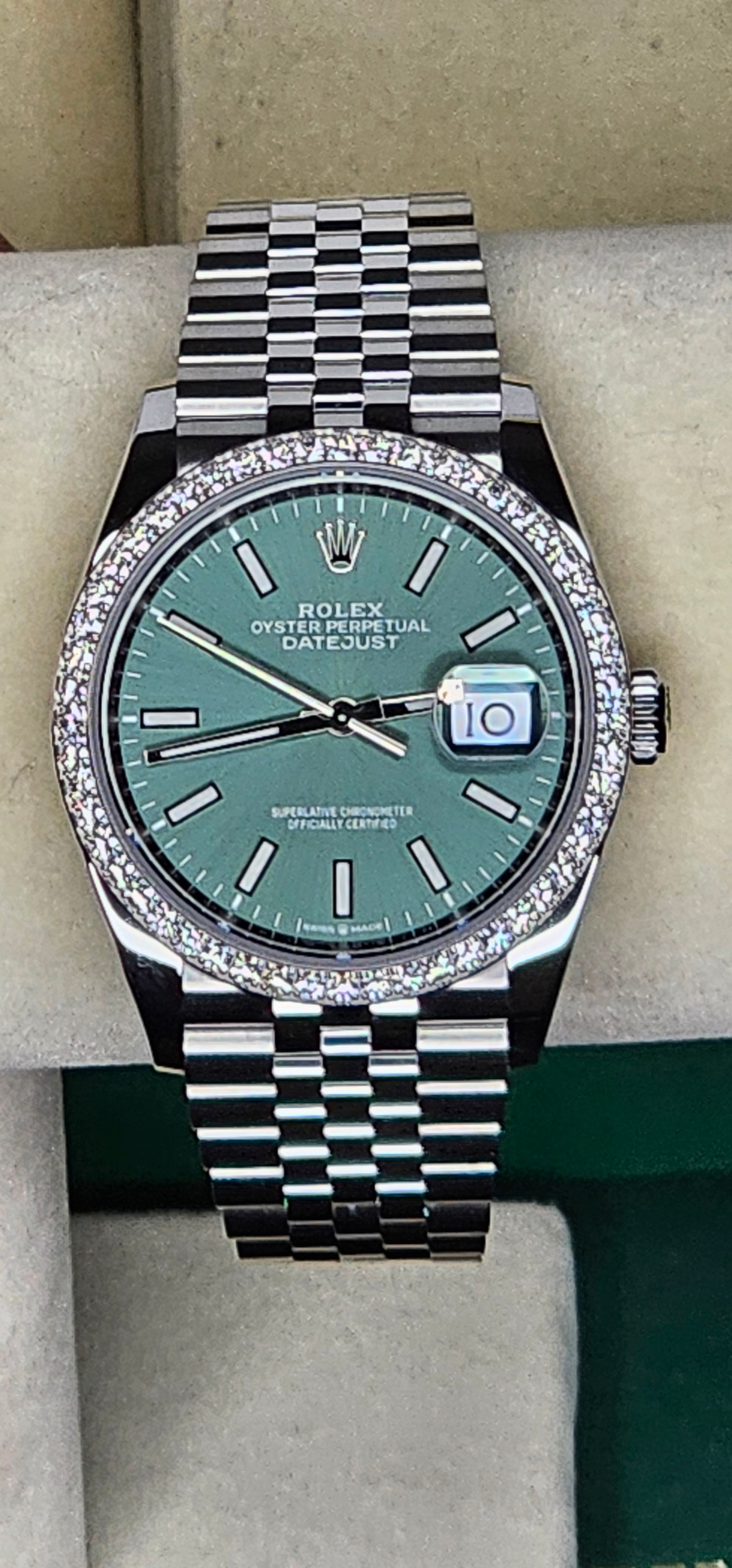 Rolex Datejust 36 Ref. 126282RBR — Mint Green Dial, Factory Diamond Bezel, Jubilee Bracelet