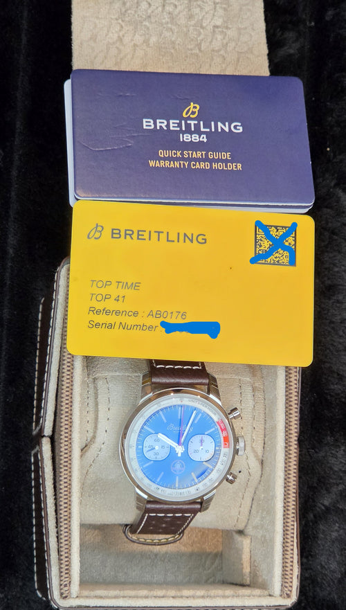 Breitling Top Time AB0176 Shelby Cobra Edition — Blue Dial, Brown Leather Strap, Box & Papers