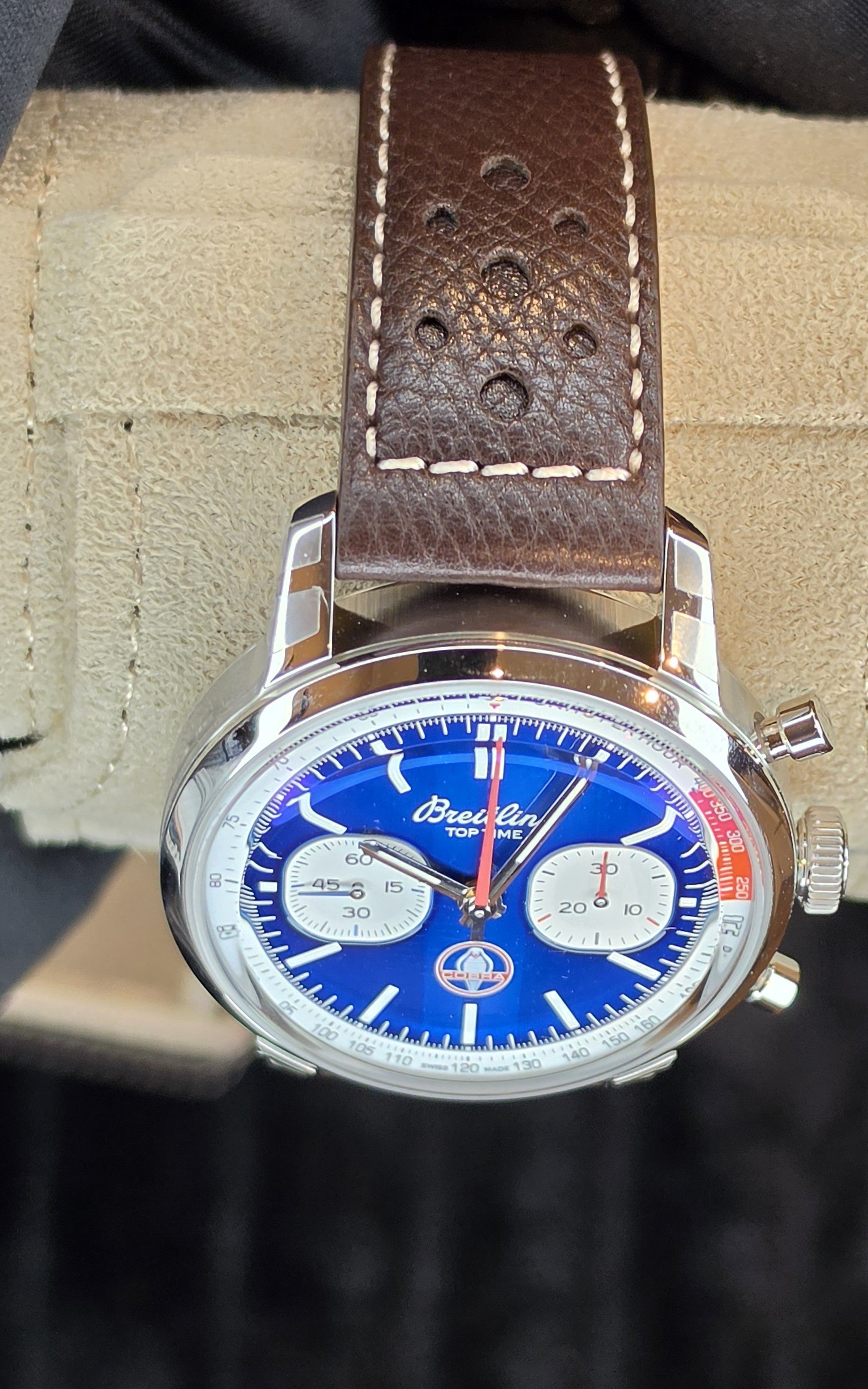 Breitling Top Time AB0176 Shelby Cobra Edition — Blue Dial, Brown Leather Strap, Box & Papers