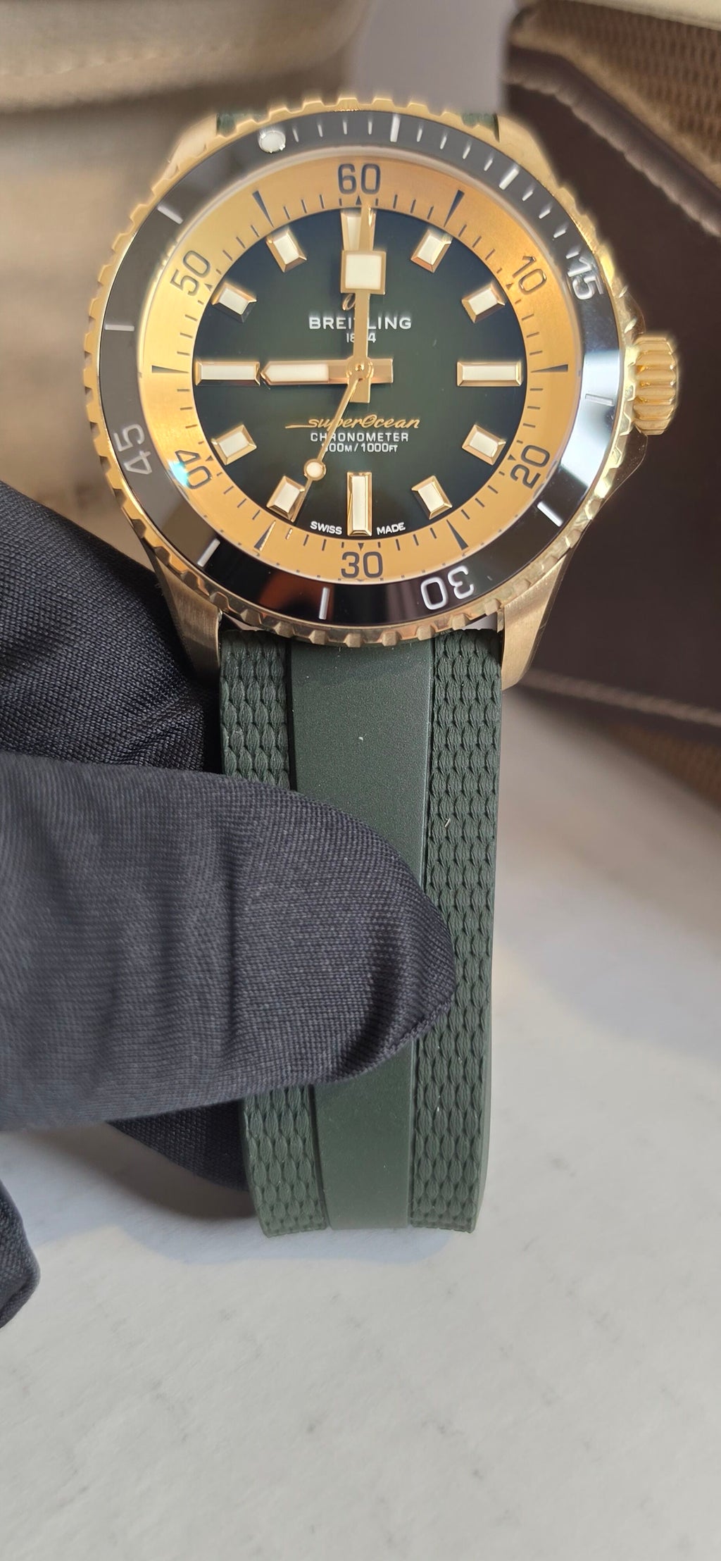 Breitling SuperOcean N17375 — Green Dial, Brass Case, Box & Papers