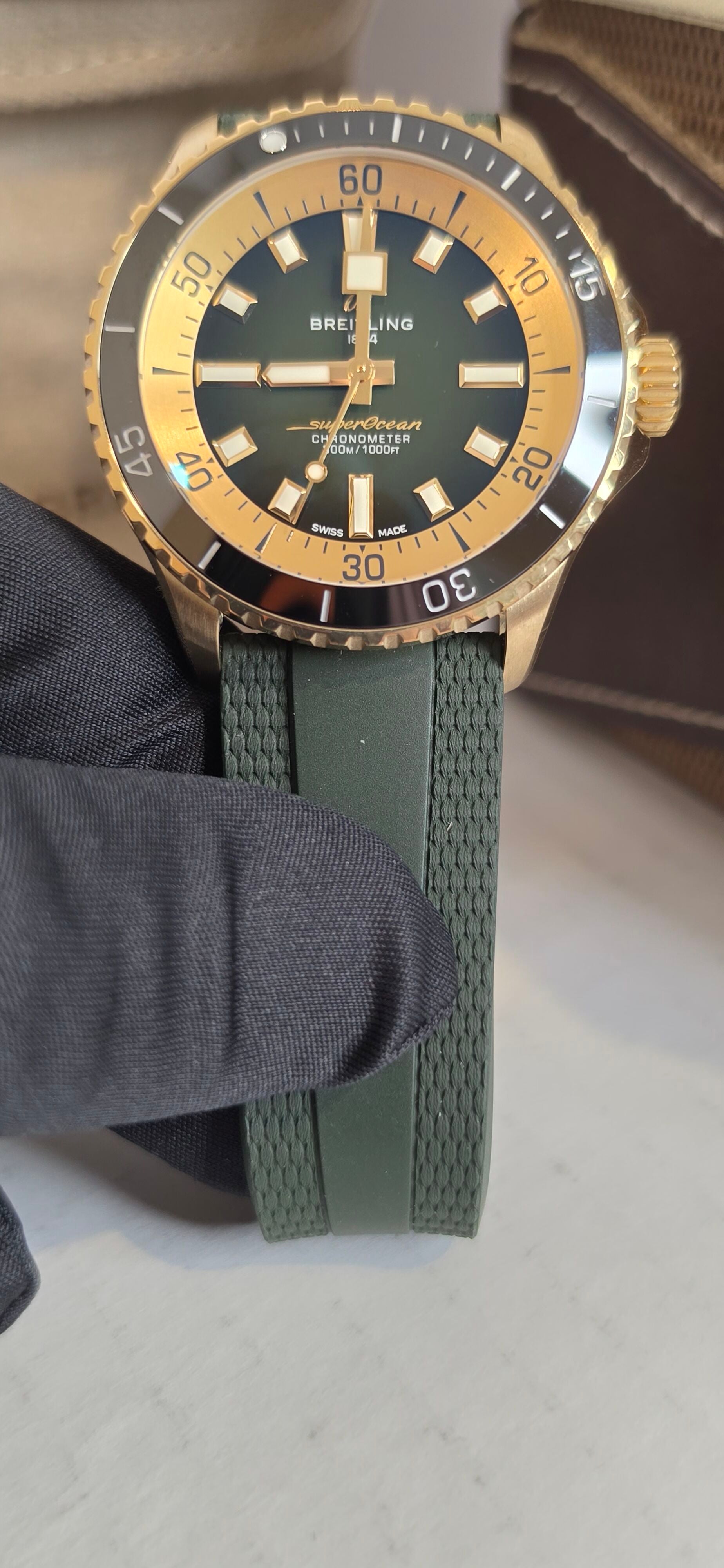 Breitling SuperOcean N17375 — Green Dial, Brass Case, Box & Papers